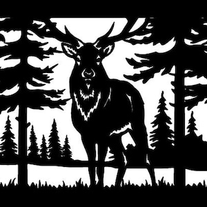 May include: Black and white silhouette of a deer standing in a forest. The deer has large antlers and is surrounded by tall trees.