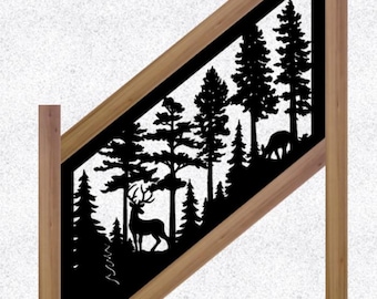 May include: A wooden frame with a black silhouette of a forest scene. The design features trees, a deer with antlers, and another deer. The frame is angled and has a natural wood finish.