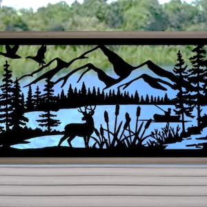 May include: A decorative black metal panel featuring a mountain and lake scene with a deer, trees, and a person fishing in a boat. The panel is framed by wooden posts, creating a rustic outdoor aesthetic.