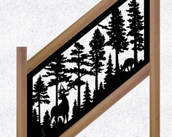 May include: A decorative wooden stair railing panel featuring a black silhouette of a forest scene. The design includes trees, a deer, and a natural landscape. The frame is made of light brown wood.