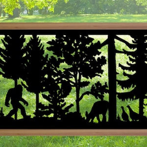 Decorative Rustic Metal Panel, Metal Panel Insert, Wildlife Scenery with Bigfoot, Deer, and Turkey Metal Panel