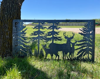 Decorative Rustic Metal Panel, Metal Panel Insert, Wildlife Scenery with Deer and Trees Metal Panel