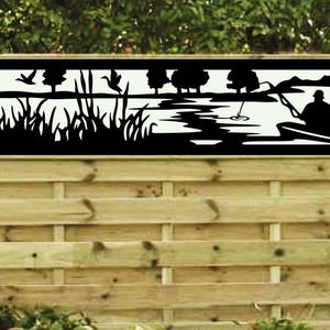 May include: Black metal fence panel with a cut-out design of a lake scene. The scene includes trees, reeds, birds, and a person fishing in a boat.