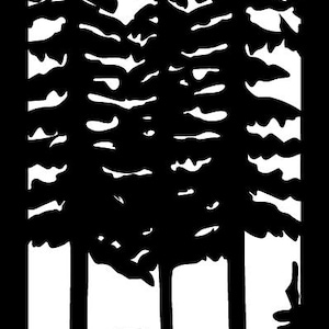 May include: Black and white silhouette of a deer standing in a forest with three tall pine trees.