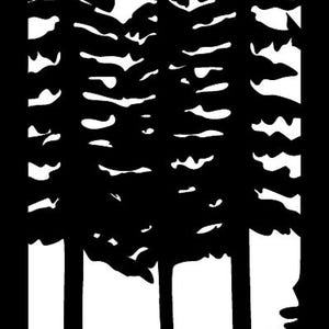 May include: Black and white silhouette of a bear walking in front of three tall pine trees.