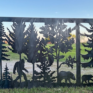 Decorative Rustic Metal Panel, Metal Panel Insert, Wildlife Scenery with Bears and Bigfoot Metal Panel