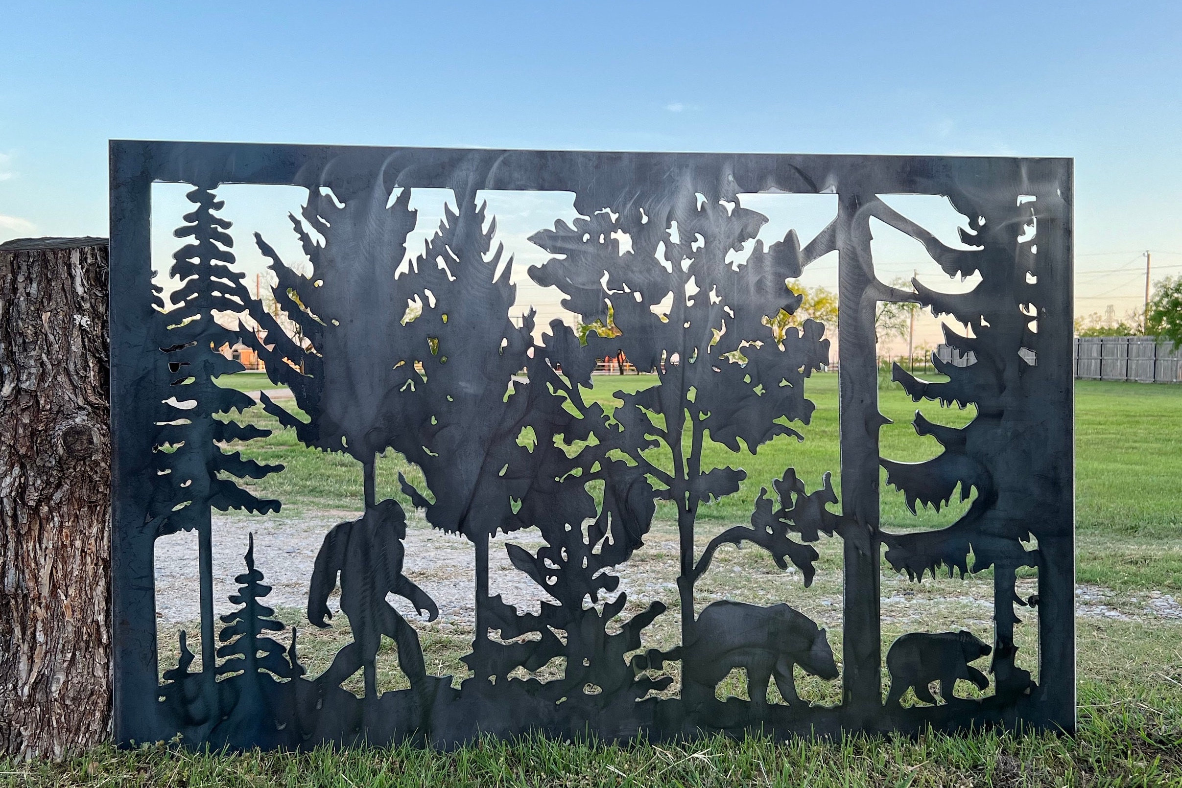 Decorative Rustic Metal Panel, Metal Panel Insert, Wildlife Scenery with Bears and Bigfoot Metal Panel