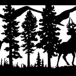 May include: Black and white silhouette of two elk standing in a forest with tall pine trees. The elk are facing different directions and have large antlers. The background is a simple silhouette of mountains.