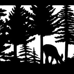 May include: A black and white silhouette of a forest scene. The image features various trees, including tall pines and deciduous trees, with a deer grazing in the foreground. The design is a minimalist representation of nature.