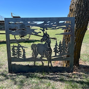 Decorative Rustic Metal Panel, Metal Panel Insert, Wildlife Scenery with Horse Metal Panel