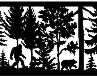 May include: Black silhouette art piece depicting a forest scene with trees, a bear, and a Bigfoot figure. The artwork is cut out, creating a negative space effect. The design is suitable for wall decor.