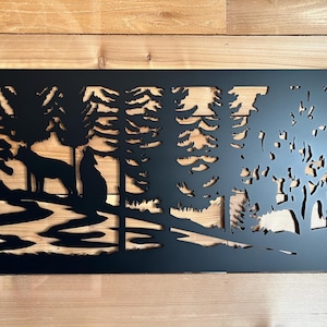 Decorative Rustic Metal Panel, Metal Panel Insert, Wildlife Scenery with Wolf Metal Panel
