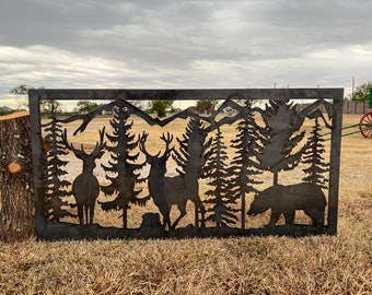 Decorative Rustic Metal Panel, Metal Panel Insert, Wildlife Scenery with Bear and Deer Metal Panel.