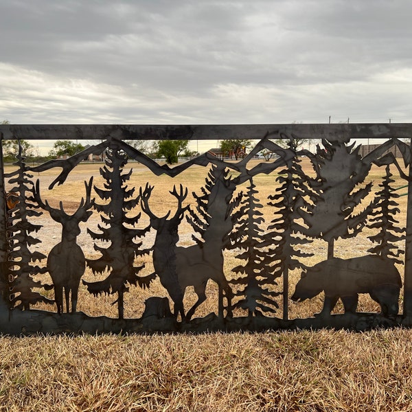 Decorative Rustic Metal Panel, Metal Panel Insert, Wildlife Scenery with Bear and Deer Metal Panel.