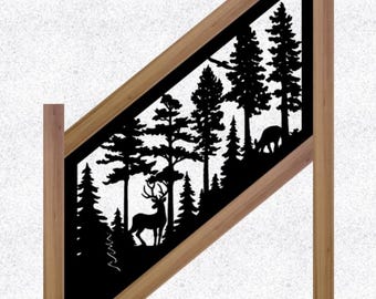 May include: A decorative wooden panel featuring a black silhouette of a forest scene. The design includes trees, deer, and an eagle, set within a geometric frame. The panel is framed by light brown wood.