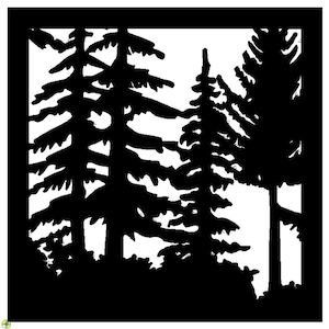 May include: Black and white silhouette of three pine trees against a white background. The trees are tall and slender with branches that extend out to the sides. The trees are arranged in a cluster, with the tallest tree in the center.