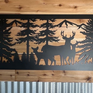 Decorative Rustic Metal Panel, Metal Panel Insert, Wildlife Scenery with Deer and Trees Metal Panel