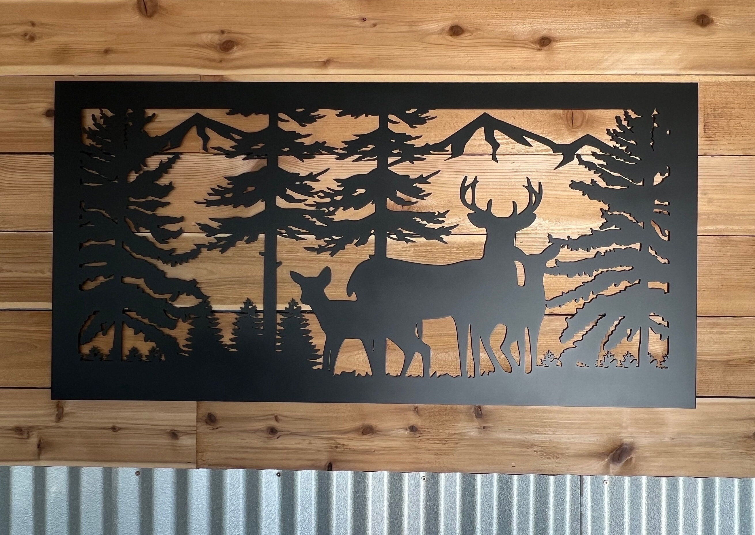 Decorative Rustic Metal Panel, Metal Panel Insert, Wildlife Scenery with Deer and Trees Metal Panel