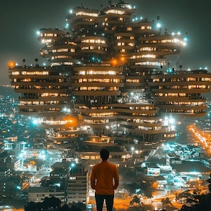 Könnte beinhalten: Eine Person steht vor einem futuristischen, mehrstöckigen Gebäude mit leuchtenden Lichtern und blickt auf eine Stadt bei Nacht.