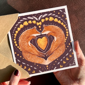 Carte de renards d'art folklorique pour mari, femme, petit ami, petite amie, enfant ou meilleur ami pour des voeux d'anniversaire de Saint-Valentin ou un mariage dans les bois