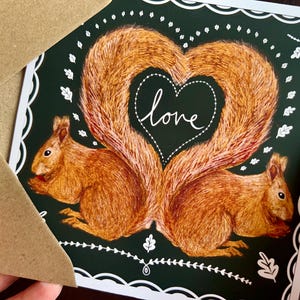 Carte d'art écureuil roux pour anniversaire, voeux Saint-Valentin pour mari femme petit ami petite amie enfants ou meilleur ami ou faire-part de mariage