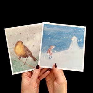 2 cartes de Noël d'hiver vierges à l'intérieur pour lui son grand-père, grand-mère, petit-fils, petite-fille, etc. avec 2 motifs différents : rouge-gorge, renard et bonhomme de neige