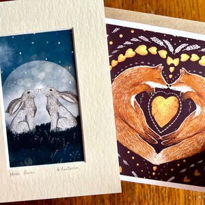 Stampa artistica e biglietto d'auguri per compleanno, anniversario, fidanzamento o regalo di nozze con lepre lunare e volpe per un regalo speciale dell'ultimo minuto per lui o per lei