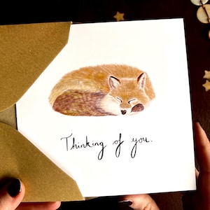 Carte faite main "Pensez à vous" avec une illustration simple de renard pour exprimer votre sympathie, vos pensées, vos condoléances ou votre soutien affectif