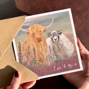 Carte d'art mouton Swaledale et vache des Highlands pour mari, femme, petit ami, petite amie, enfant ou meilleur ami pour la Saint-Valentin ou un anniversaire