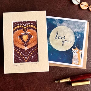 Impresión artística y tarjeta para cumpleaños, aniversario, compromiso o regalo de Cásate conmigo con Love You Fox Moon + Imagen de liebre mística para él o ella