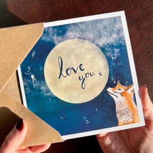Carte d'art renard et lune t'aimer céleste pour mari, femme, petit ami, petite amie, partenaire avec lui pour la Saint-Valentin ou un anniversaire