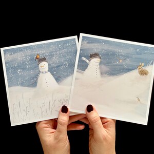 Paire de cartes de Noël rouge-gorge, lapin et bonhomme de neige pour lui, elle, enfants, grands-parents - 2 modèles différents dans un paquet de cartes vierges à l'intérieur