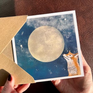 Carte lune et renard vierge à l'intérieur pour un anniversaire en pensant à vous ou petite impression d'art céleste pour une chambre d'enfant ou une chambre d'enfant sur le thème de l'espace
