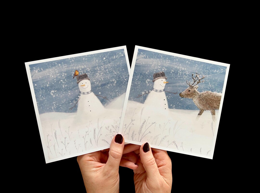 Two Snowman, Robin & Deer Christmas Cards With 2 Different Designs for ...