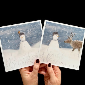 Deux cartes de Noël bonhomme de neige, rouge-gorge et cerf avec 2 motifs différents pour petits-enfants grands-parents maman papa ami avec scène de neige en hiver