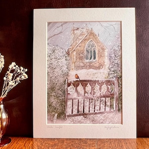 Printed Robin & Beautiful Church Art Print - Rustic Countryside Home Decor Gift for Grandparents - White Winter Snow Scene -  Physical Item