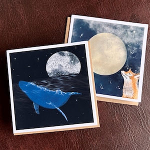 Cartes lune vierges avec baleine et renard à l'intérieur pour un anniversaire, garder le contact, écriture de lettres ou petites impressions d'art céleste pour une décoration spirituelle