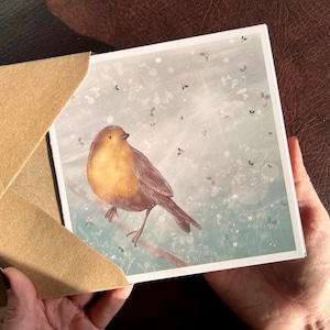 Belle carte d'art Robin vierge à l'intérieur pour Noël ou pour envoyer des pensées et offrir des condoléances à la suite d'un deuil. Petite impression d'art festive