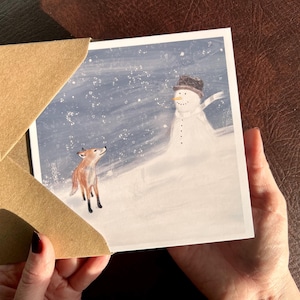 Carte de Noël spéciale vierge à l'intérieur avec bonhomme de neige et image de renard pour lui, elle, couple, enfant, grands-parents, à Noël ou pour une lettre festive