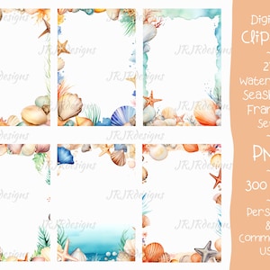 May include: Set of 27 watercolor seashell frames in various colors and designs. The frames are perfect for adding a touch of beachy charm to your projects.  Digital clipart, PNG, 300 DPI, personal and commercial use.