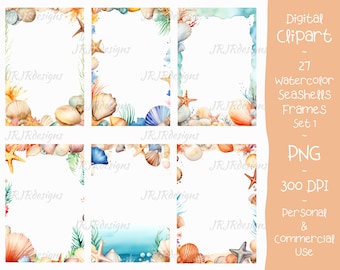 Watercolor Seashell Frames Clipart: Summer Ocean PNG Bundle (Digital Download)