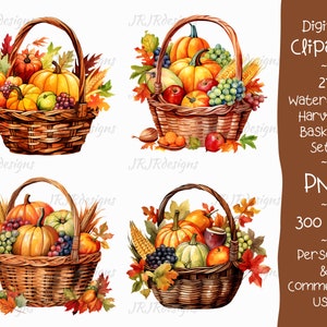 Paquete de imágenes prediseñadas de 21 cestas de cosecha / 300 DPI / Acuarela / Acción de Gracias / Comida / Otoño / Descarga instantánea / Uso personal y comercial