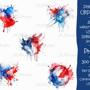 Puede incluir: Un conjunto de salpicaduras de acuarela en rojo, blanco y azul, que recuerdan la bandera estadounidense. La imagen incluye el texto "Digital Clipart - 28 Watercolor USA Splashes Set 1 - PNG - 300 DPI - Personal & Commercial Use."