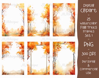 25 Watercolor Fall Trees Frames Clipart: Autumn Leaves (Digital Download)