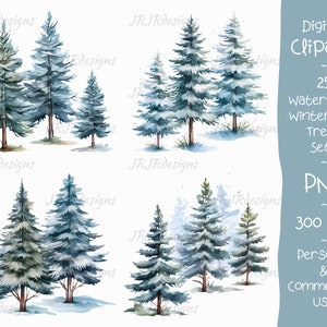Pacchetto di 25 clipart di alberi di pino invernale / acquerello / 300 DPI / natura / foresta innevata / download istantaneo / uso personale e commerciale