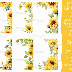 Pacote de clipart de 26 molduras de canto de girassol | Proporção de aspecto 2:3 | 300 DPI | Verão | Aquarela | Download instantâneo | Pessoal e Comercial