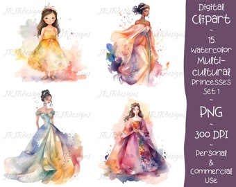 15 Multicultural Princesses Clipart Bundle | 300 DPI | Watercolor | Royalty | Dresses | Instant Digital Download | Personal & Commercial Use