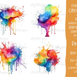 30 regnbågsfärgade akvarellstänk Clipart | Abstrakt PNG (digital nedladdning)