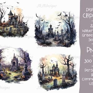 Pacchetto Clipart 22 cimiteri / 300 DPI / Acquerello / Halloween / Lapidi / Notte inquietante / Download istantaneo / Uso personale e commerciale