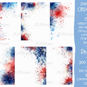 Puede incluir: Conjunto de 25 marcos de esquina de acuarela con fuegos artificiales rojos, blancos y azules. Perfecto para agregar un toque festivo a tus proyectos del 4 de julio.